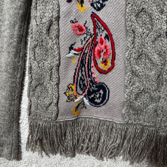 Anthropologie Sleeping On Snow Folklore Embroidered Fringe Cardigan Gray - Picture 6 of 12